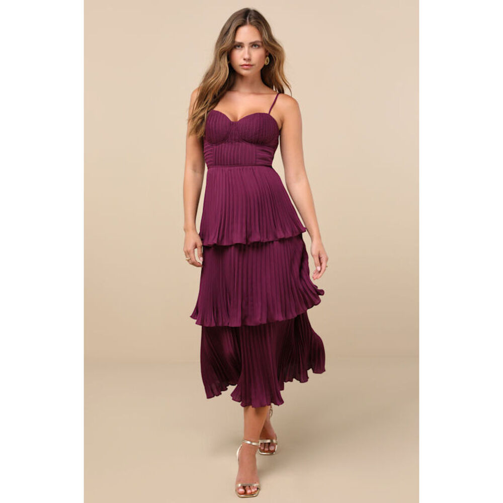 Lulus Cascading Crush Plum Purple Tiered Bustier Midi Dress - Size XXL